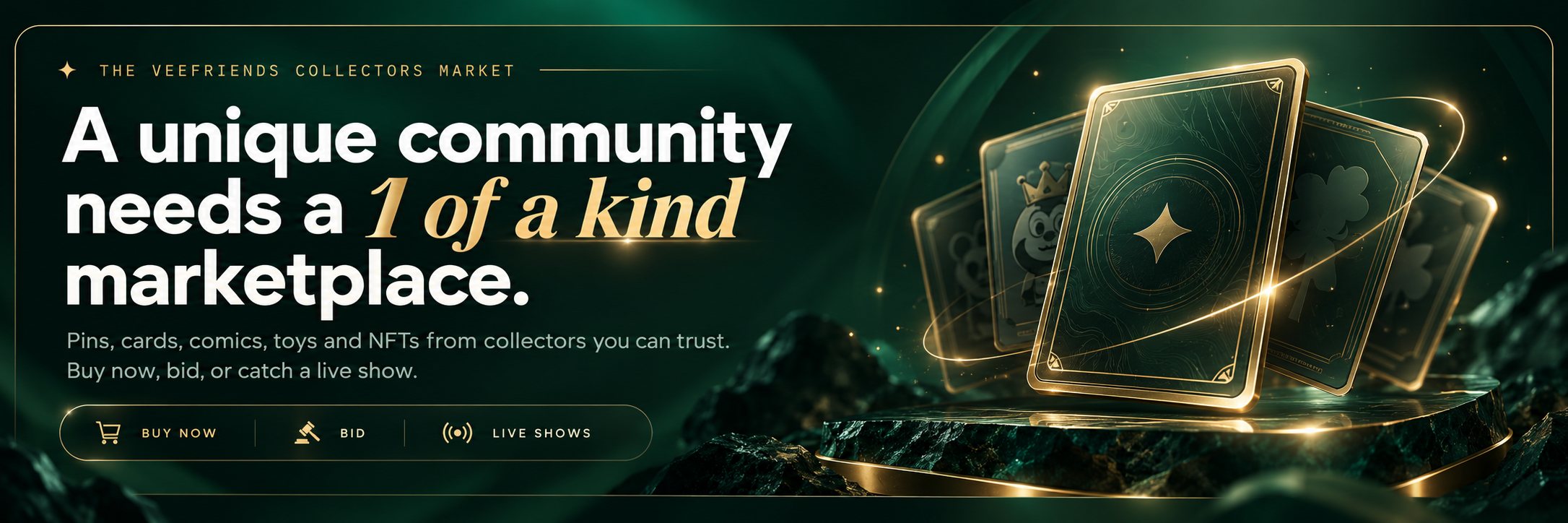 A unique community needs a 1 of a kind marketplace. Pins, cards, comics, toys and NFTs from collectors you can trust. Buy now, bid, or catch a live show.